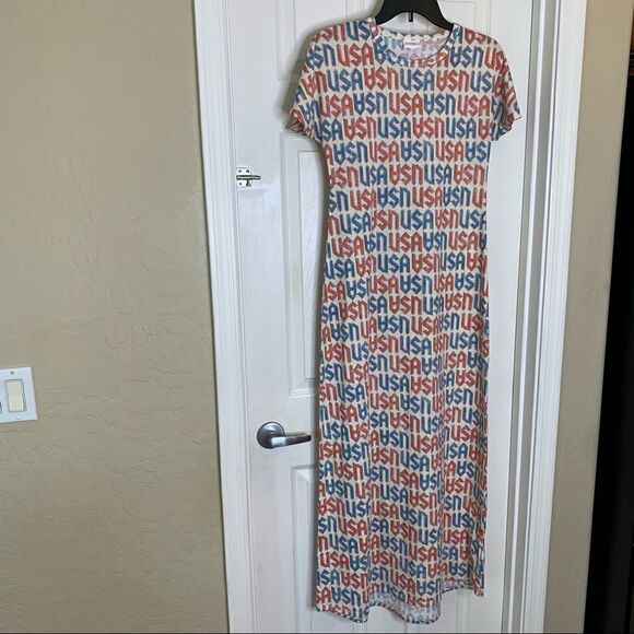 LULAROE CARLY AMERICANA Dress XXS USA Red White Blue America 4th of July Olympic - Picture 6 of 9